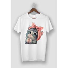 Unisex Beyaz Sevimli Minik Kedi Baskılı T-shirt